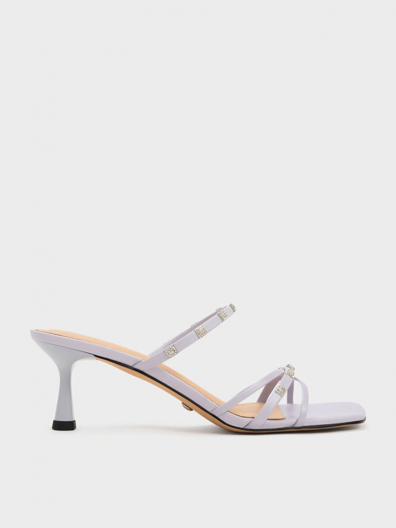 Mules Charles & Keith Square Crystal-Embellished Metallic Piele Toc Violet | 198JHUITM
