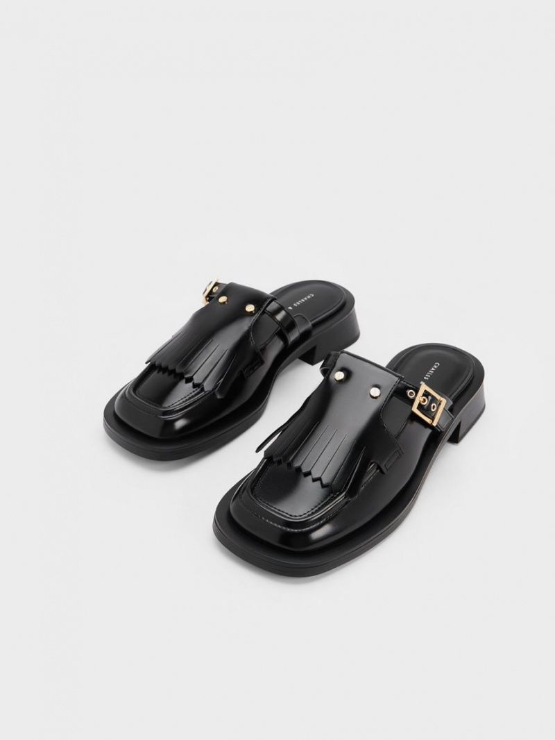 Mules Charles & Keith Studded Cut-Out Fringe Negrii | 716MLDNUO