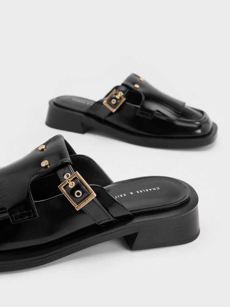 Mules Charles & Keith Studded Cut-Out Fringe Negrii | 716MLDNUO
