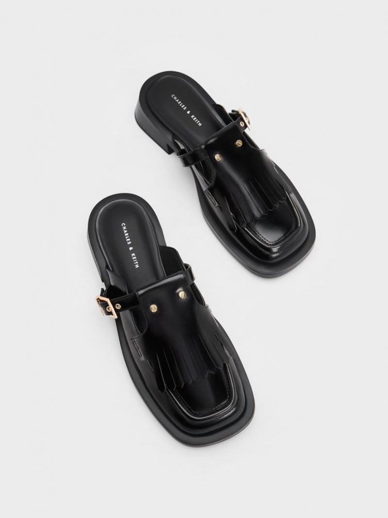 Mules Charles & Keith Studded Cut-Out Fringe Negrii | 716MLDNUO