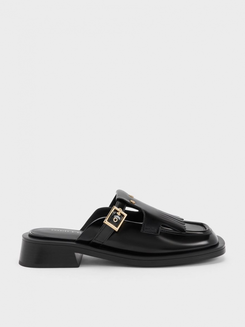 Mules Charles & Keith Studded Cut-Out Fringe Negrii | 716MLDNUO