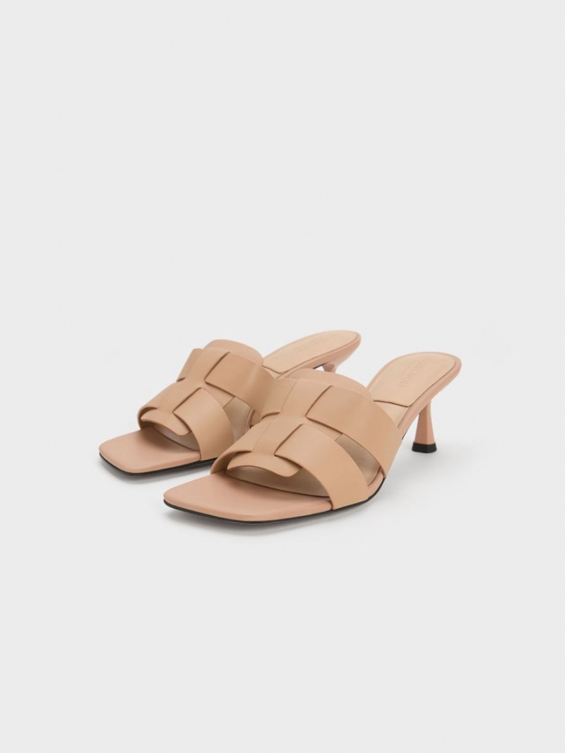 Mules Charles & Keith Trichelle Interwoven Piele Spool Heel Bej | 758VSFAXM