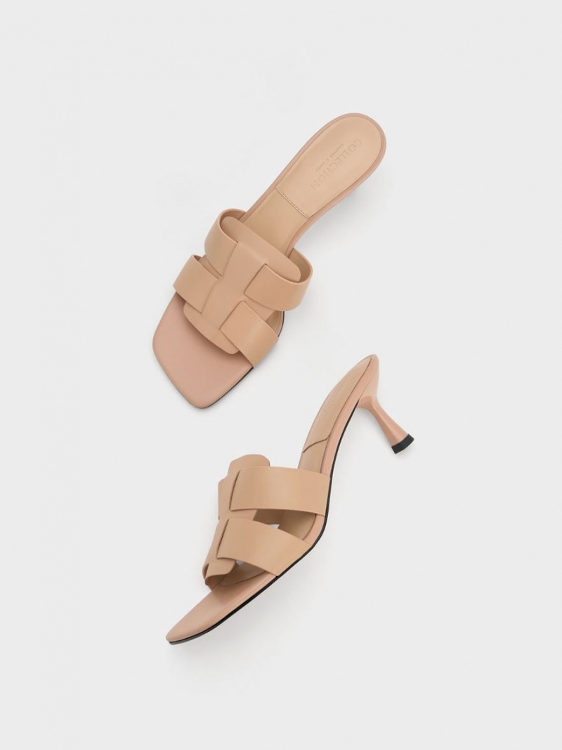 Mules Charles & Keith Trichelle Interwoven Piele Spool Heel Bej | 758VSFAXM