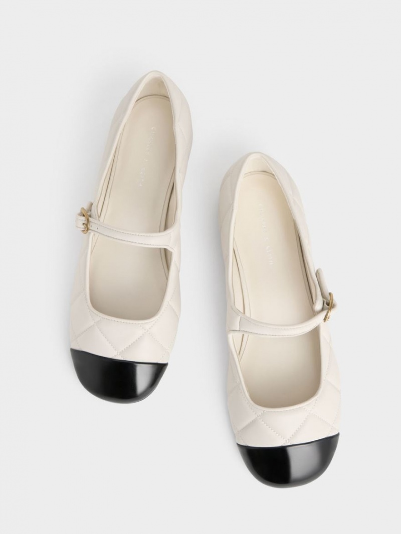 Pantofi Mary Jane Charles & Keith Bombeu-Cap Matlasat Albi | 745DECRAZ