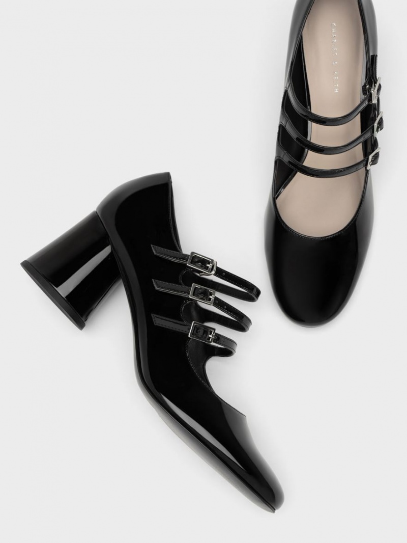 Pantofi Mary Jane Charles & Keith Buckled Cylindrical Heel Negrii | 079LHIEVZ
