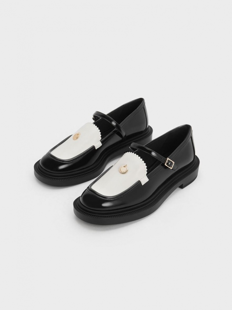 Pantofi Mary Jane Charles & Keith Circle Charm Two-Tone Negrii Albi | 314PVNCBQ