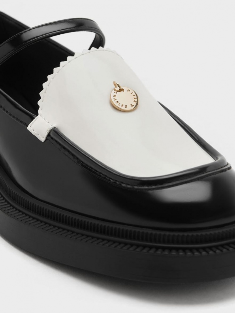 Pantofi Mary Jane Charles & Keith Circle Charm Two-Tone Negrii Albi | 314PVNCBQ