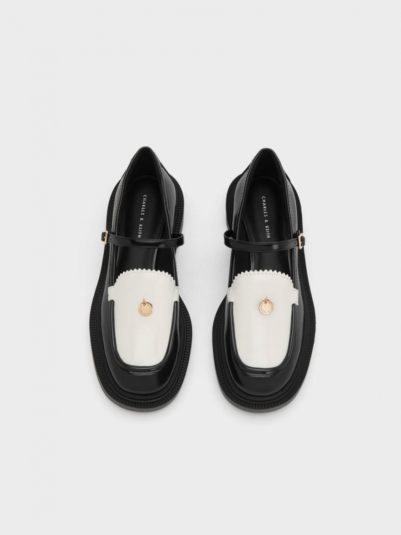 Pantofi Mary Jane Charles & Keith Circle Charm Two-Tone Negrii Albi | 314PVNCBQ