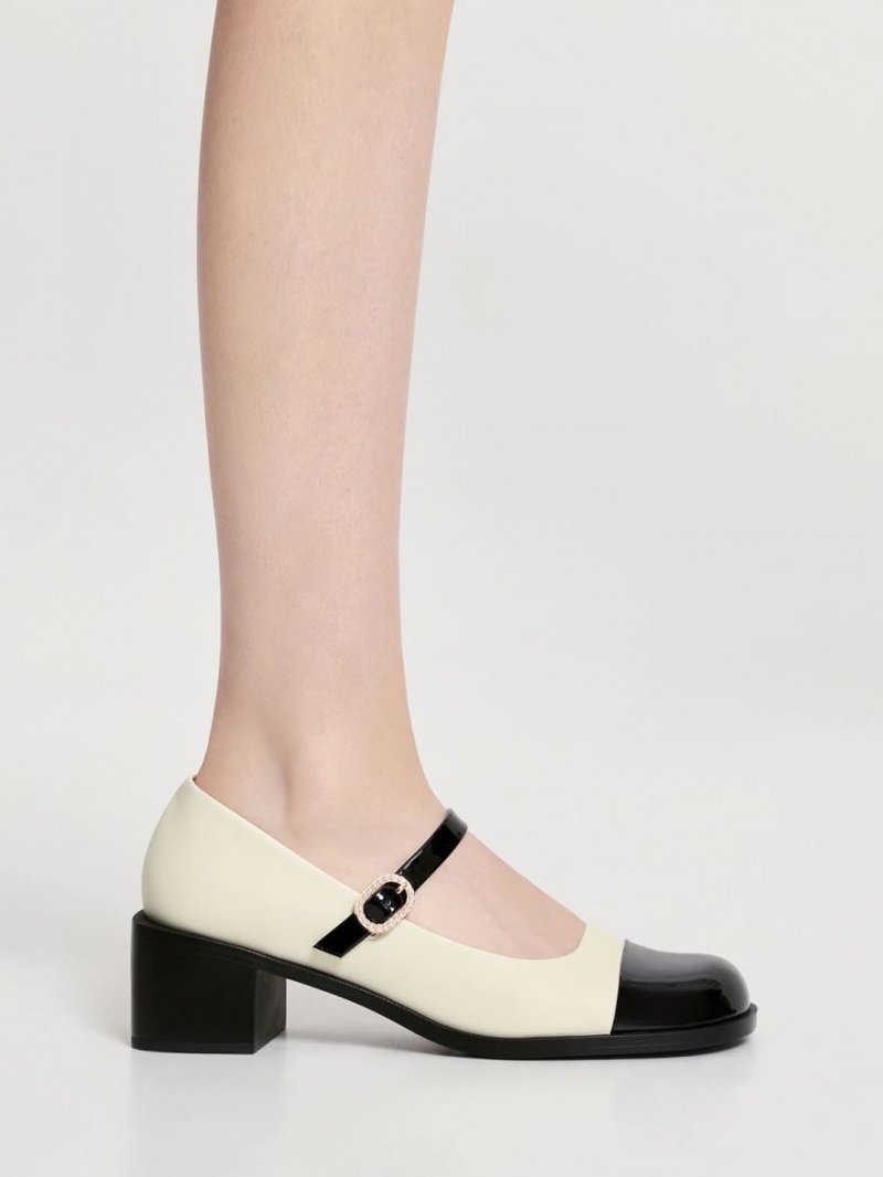 Pantofi Mary Jane Charles & Keith Lacuita Crystal-Embellished Cu Catarama Two-Tone Albi | 549ZSTAJO
