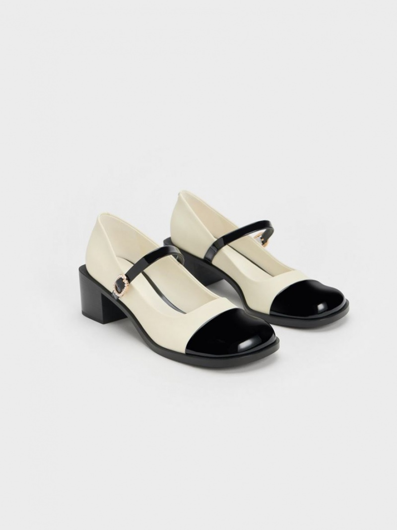 Pantofi Mary Jane Charles & Keith Lacuita Crystal-Embellished Cu Catarama Two-Tone Albi | 549ZSTAJO