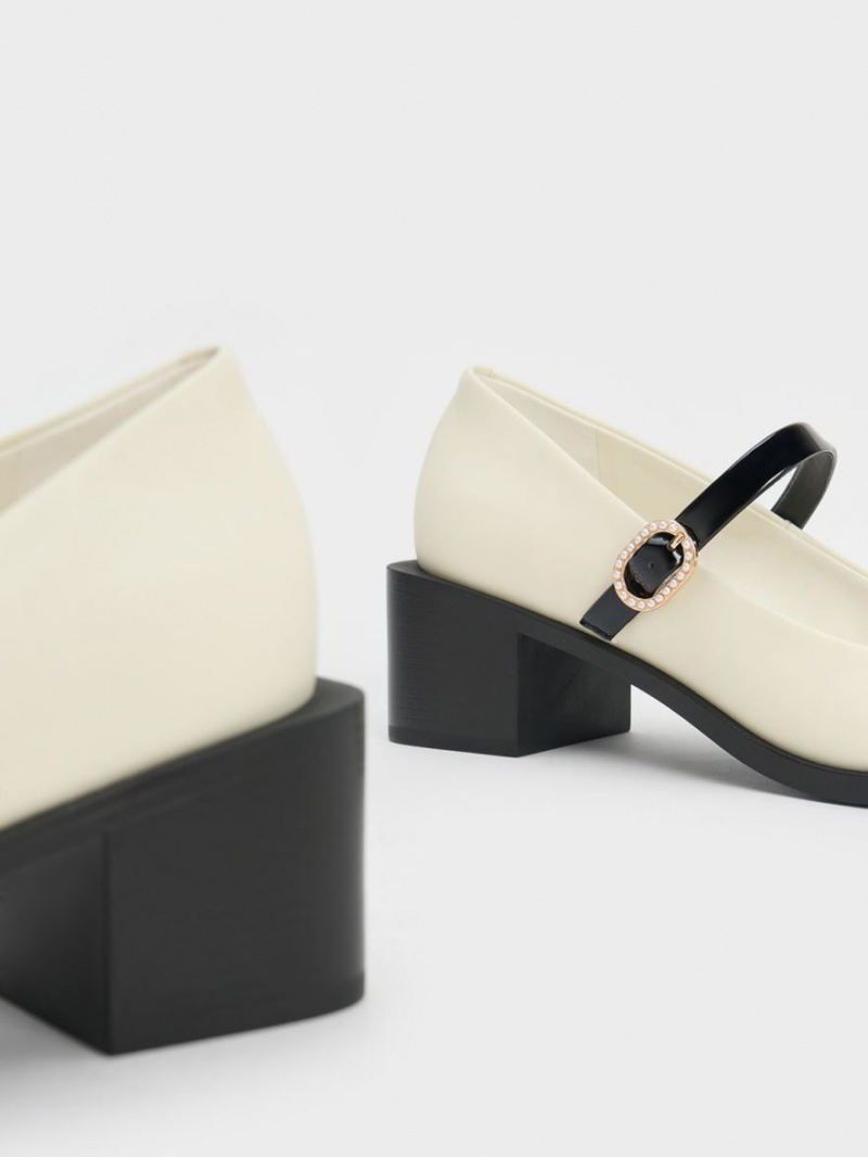 Pantofi Mary Jane Charles & Keith Lacuita Crystal-Embellished Cu Catarama Two-Tone Albi | 549ZSTAJO