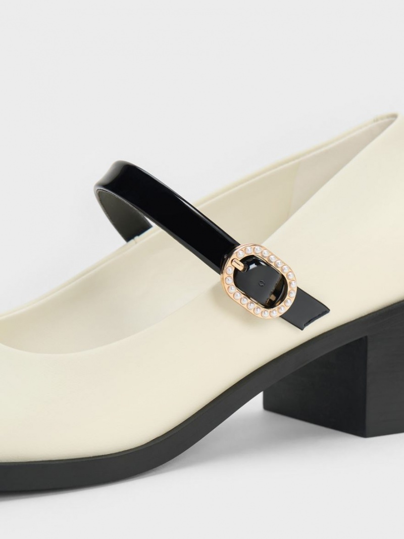 Pantofi Mary Jane Charles & Keith Lacuita Crystal-Embellished Cu Catarama Two-Tone Albi | 549ZSTAJO