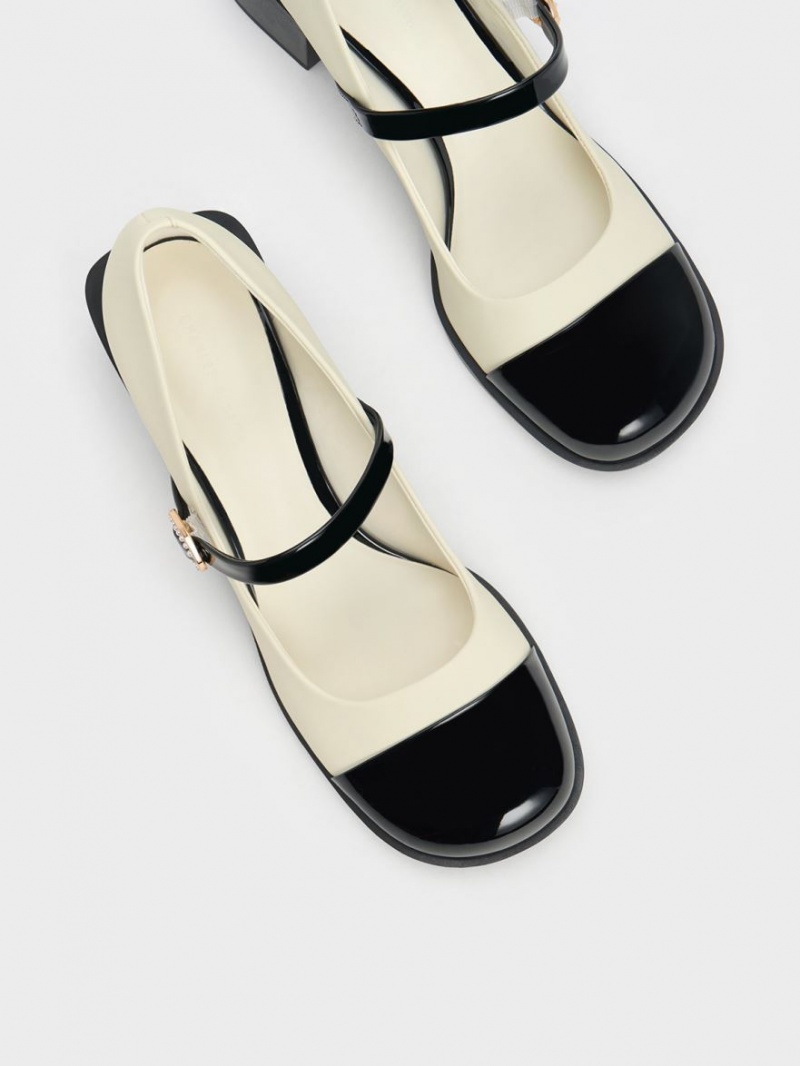 Pantofi Mary Jane Charles & Keith Lacuita Crystal-Embellished Cu Catarama Two-Tone Albi | 549ZSTAJO