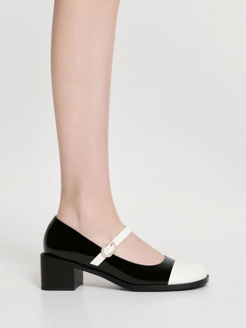 Pantofi Mary Jane Charles & Keith Lacuita Crystal-Embellished Cu Catarama Two-Tone Negrii | 287CBDTHI
