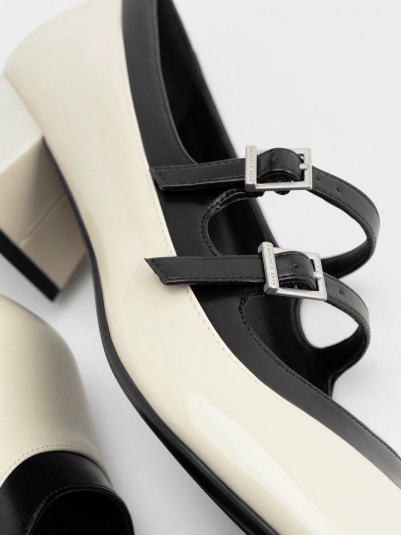 Pantofi Mary Jane Charles & Keith Lacuita Double Cu Catarama Two-Tone Albi | 953DCRFPN