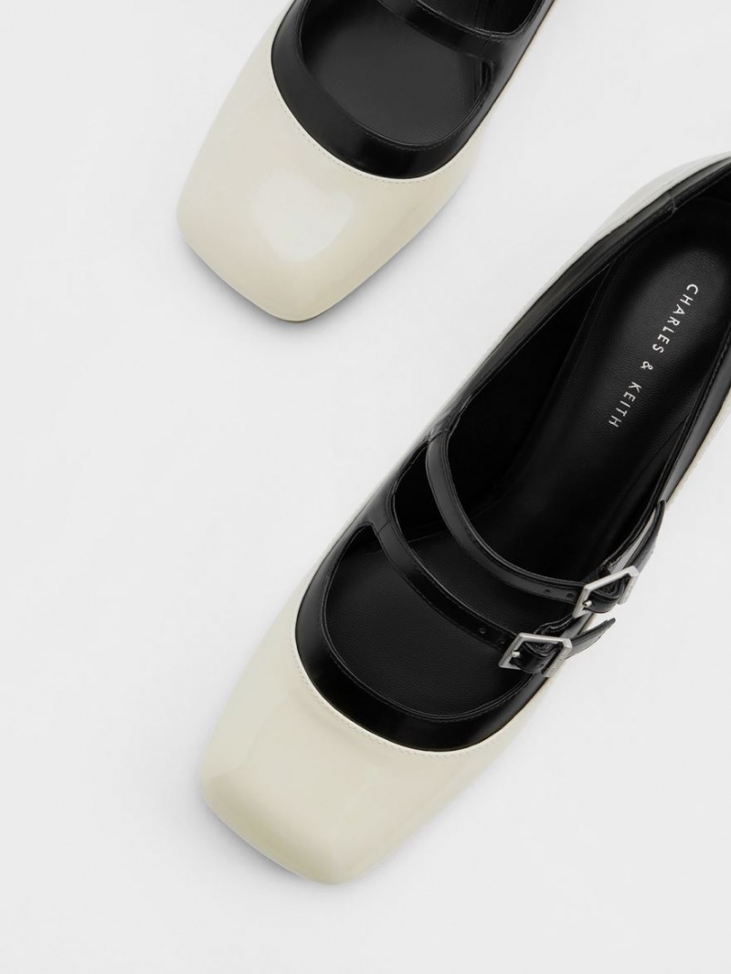 Pantofi Mary Jane Charles & Keith Lacuita Double Cu Catarama Two-Tone Albi | 953DCRFPN