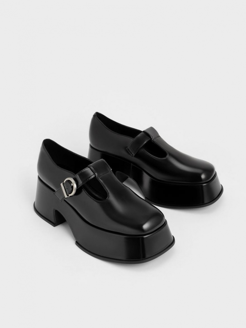 Pantofi Mary Jane Charles & Keith Platforma T-Bar Negrii | 382GMZXTV