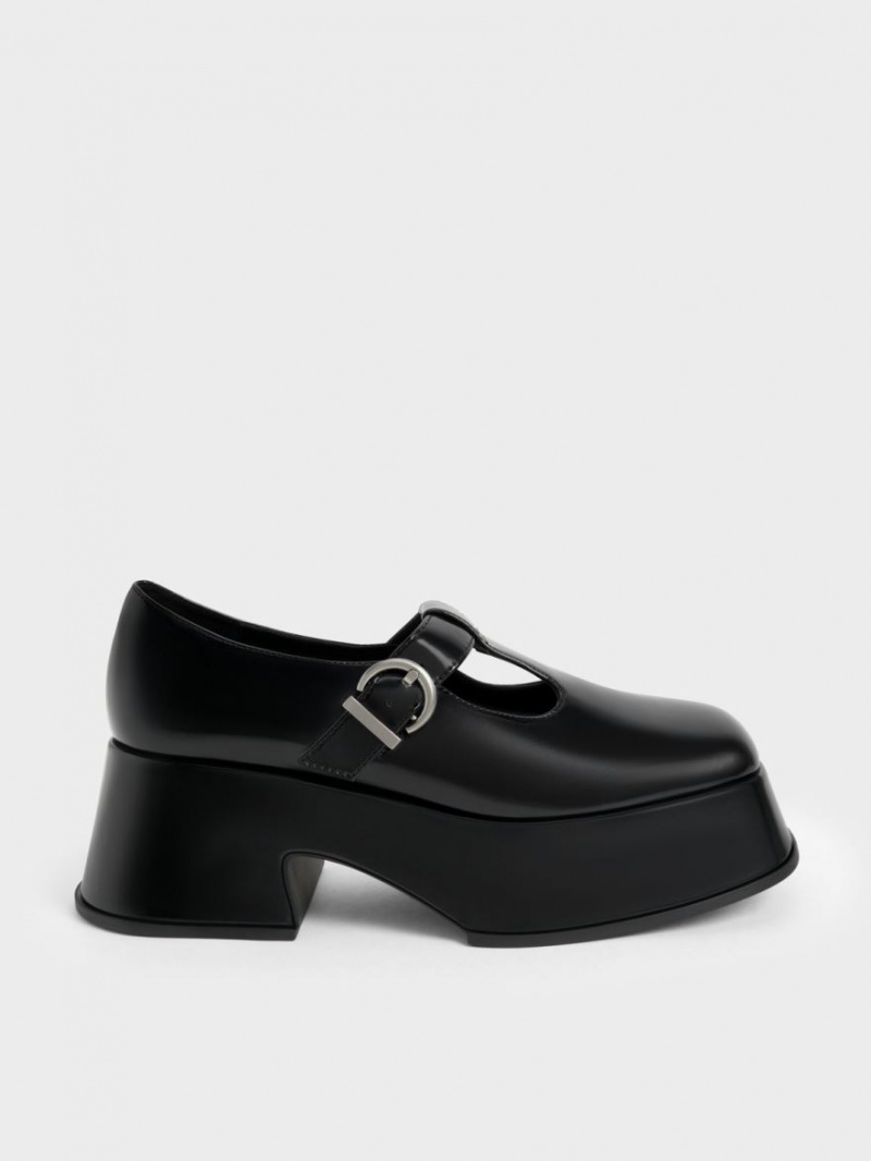 Pantofi Mary Jane Charles & Keith Platforma T-Bar Negrii | 382GMZXTV