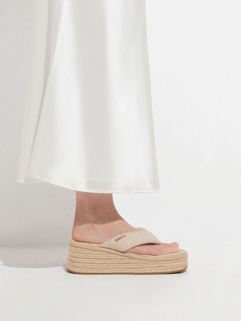 Pantofi Platforma Charles & Keith Linen Espadrile Tanga Bej | 607JFIXRY
