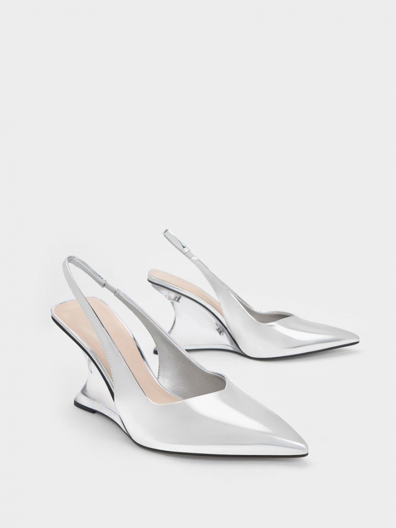 Pantofi Platforma Charles & Keith Metallic Sculptural Slingback Argintii | 703XOMKIS