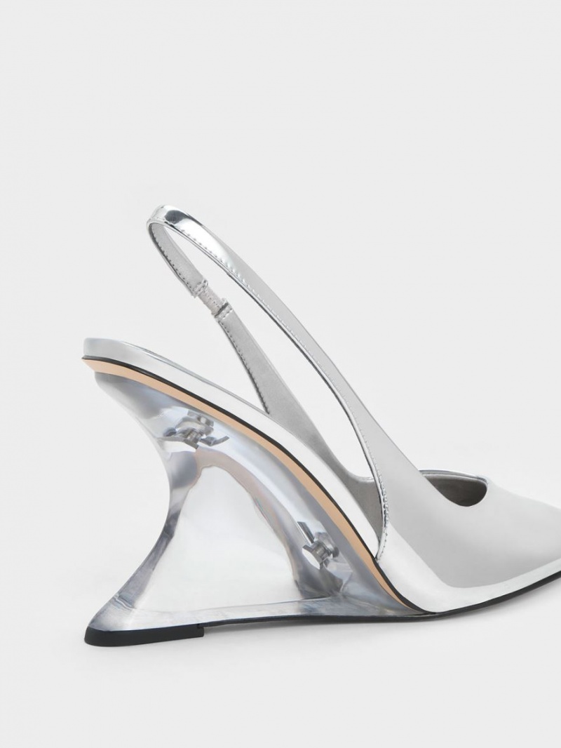 Pantofi Platforma Charles & Keith Metallic Sculptural Slingback Argintii | 703XOMKIS