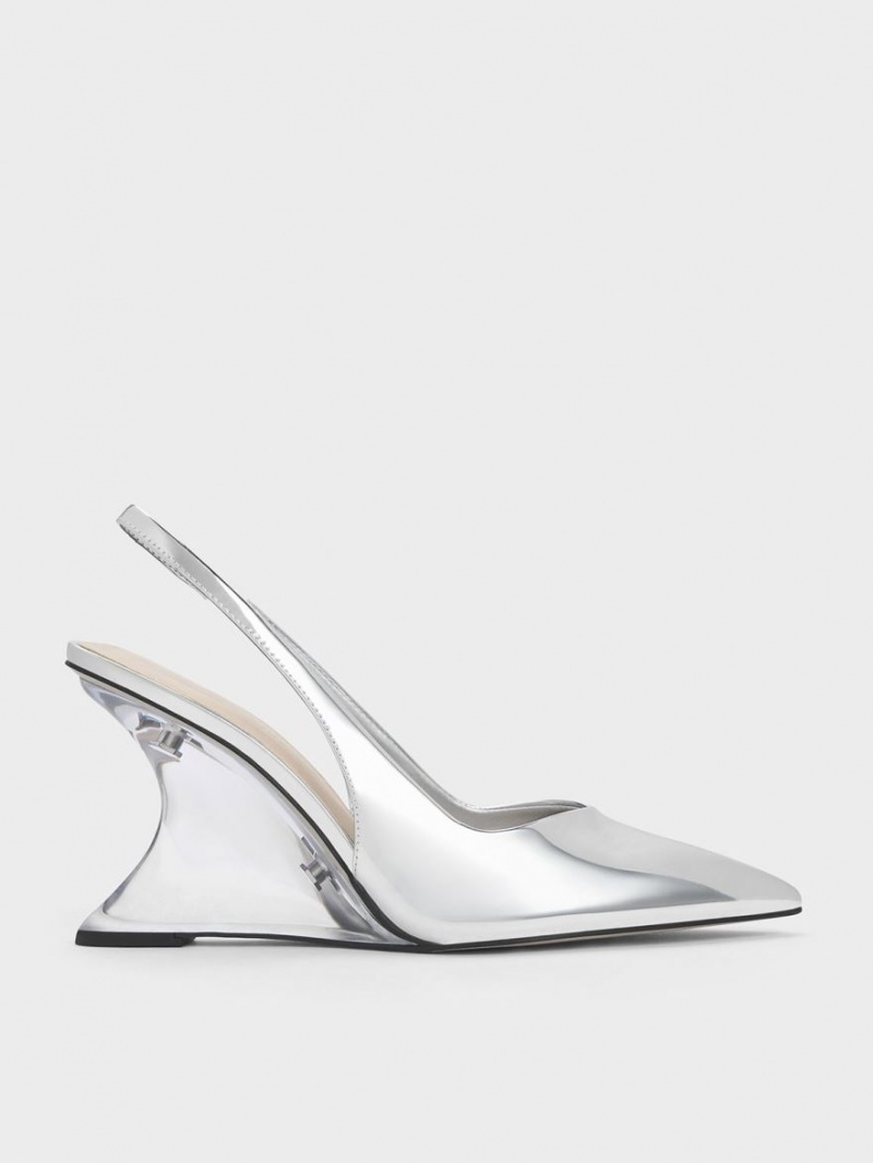 Pantofi Platforma Charles & Keith Metallic Sculptural Slingback Argintii | 703XOMKIS