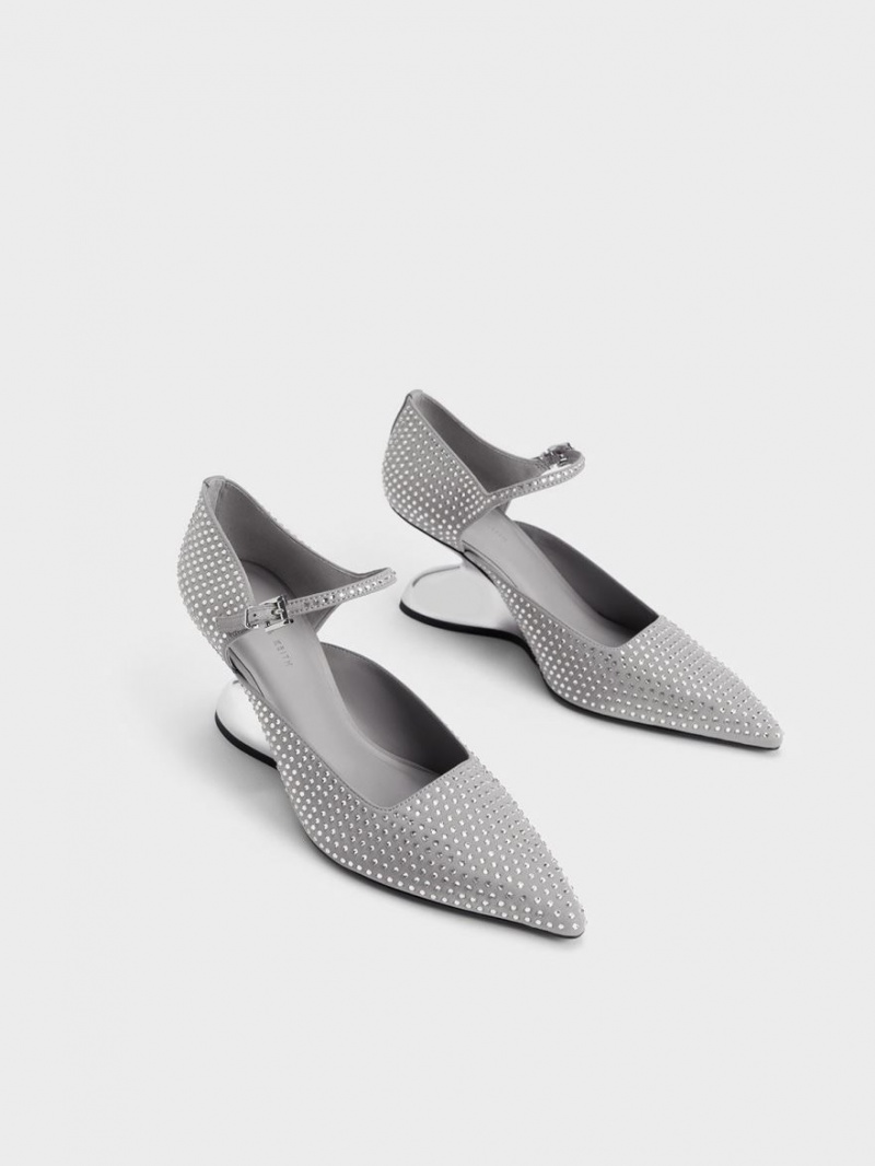 Pantofi Platforma Charles & Keith Zania Gem-Embellished Sculptural D'Orsay Gri | 384PNTCSB