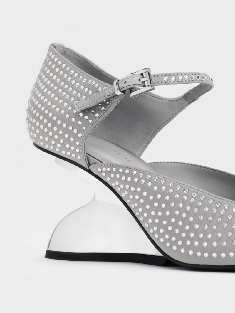Pantofi Platforma Charles & Keith Zania Gem-Embellished Sculptural D'Orsay Gri | 384PNTCSB