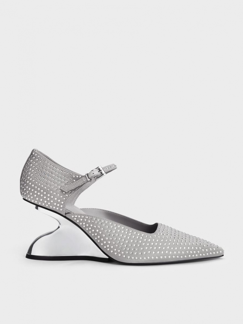 Pantofi Platforma Charles & Keith Zania Gem-Embellished Sculptural D\'Orsay Gri | 384PNTCSB