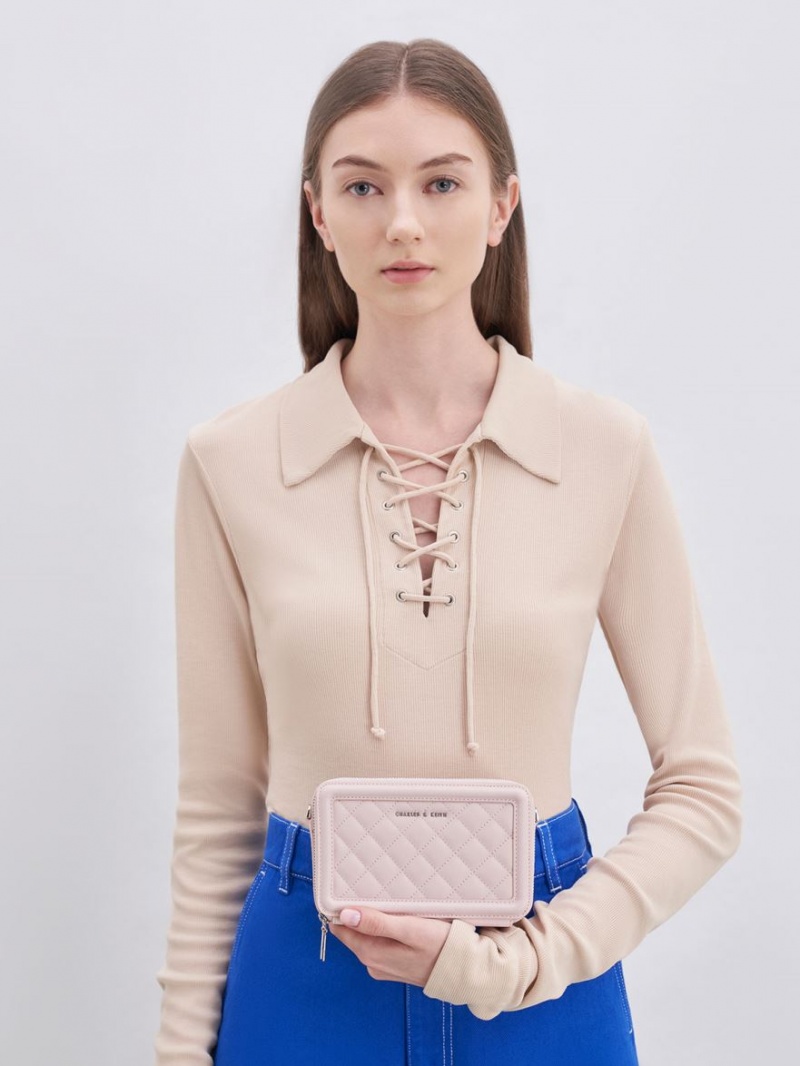 Portofel Charles & Keith Matlasat Boxy Long Roz | 546DOFQVZ
