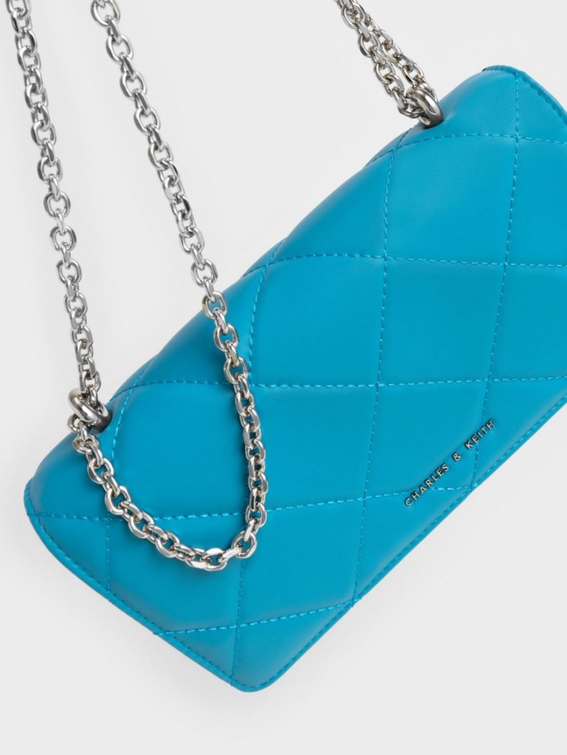 Portofel Charles & Keith Paffuto Chain Handle Matlasat Long Albastri | 306RDUPEA