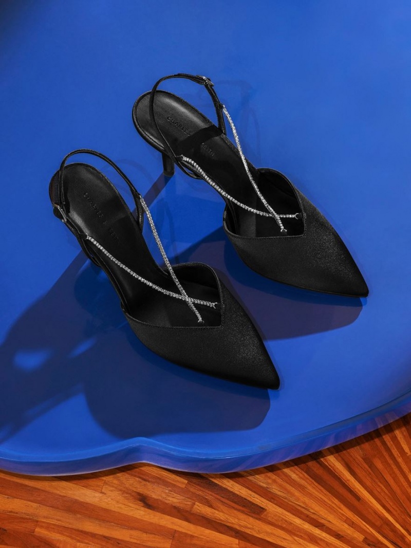 Pumps Charles & Keith Adel Recycled Polyester Gem-Curea Slingback Negrii | 968GJQDOT