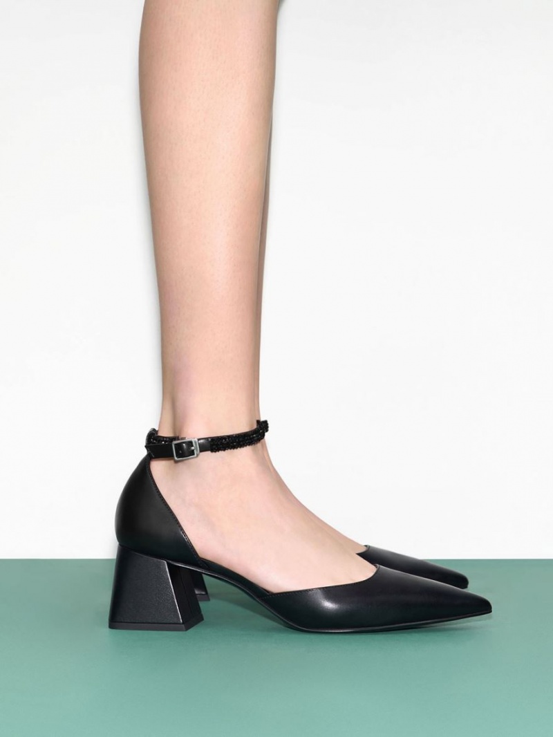 Pumps Charles & Keith Beaded Ankle-Curea D'Orsay Negrii | 918HIXYQR