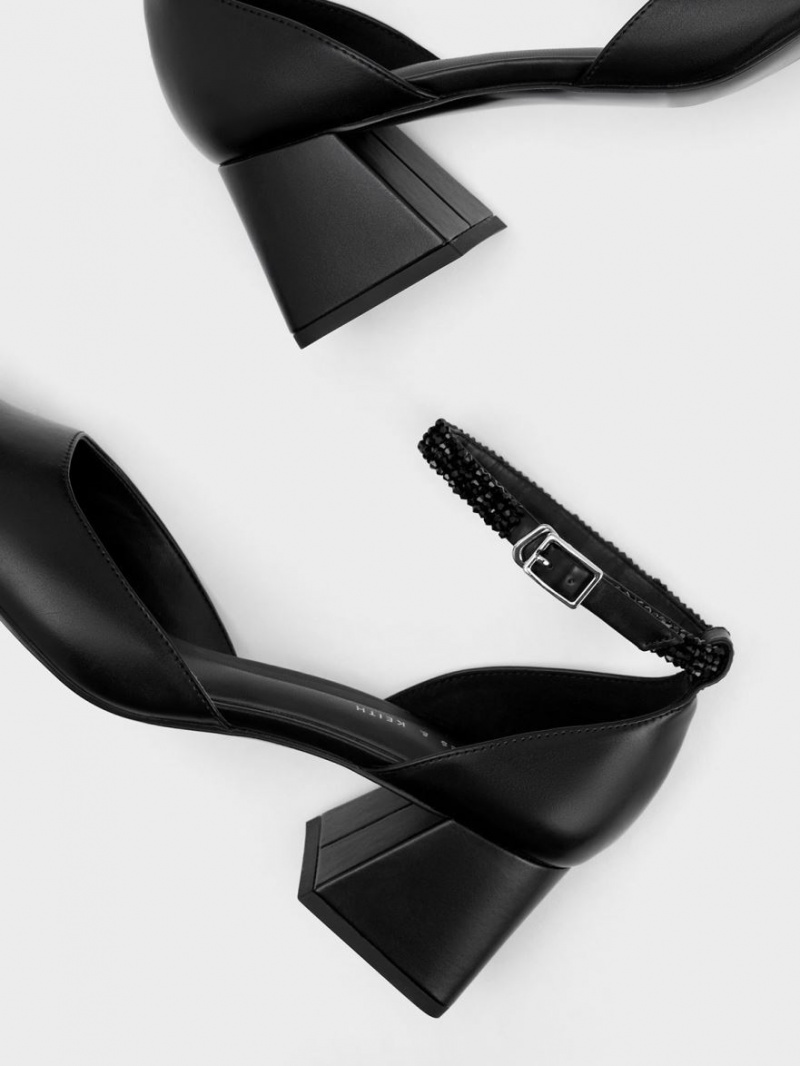 Pumps Charles & Keith Beaded Ankle-Curea D'Orsay Negrii | 918HIXYQR