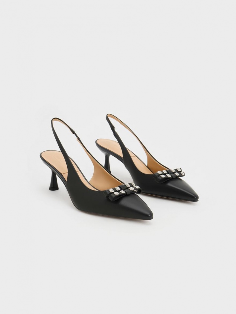 Pumps Charles & Keith Bow Crystal-Embellished Piele Slingback Negrii | 853BEFLRS