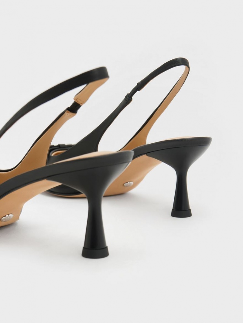 Pumps Charles & Keith Bow Crystal-Embellished Piele Slingback Negrii | 853BEFLRS