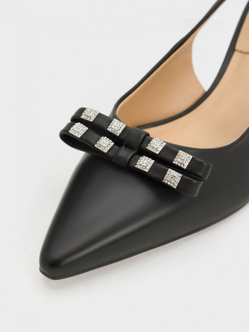 Pumps Charles & Keith Bow Crystal-Embellished Piele Slingback Negrii | 853BEFLRS