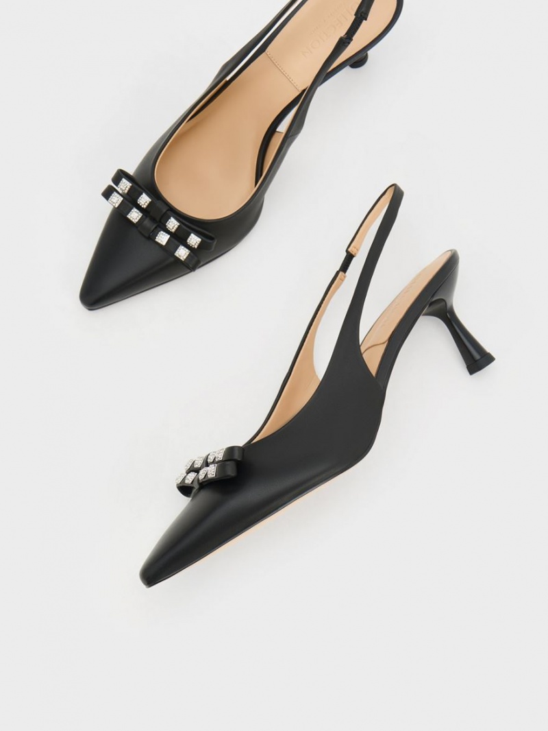 Pumps Charles & Keith Bow Crystal-Embellished Piele Slingback Negrii | 853BEFLRS