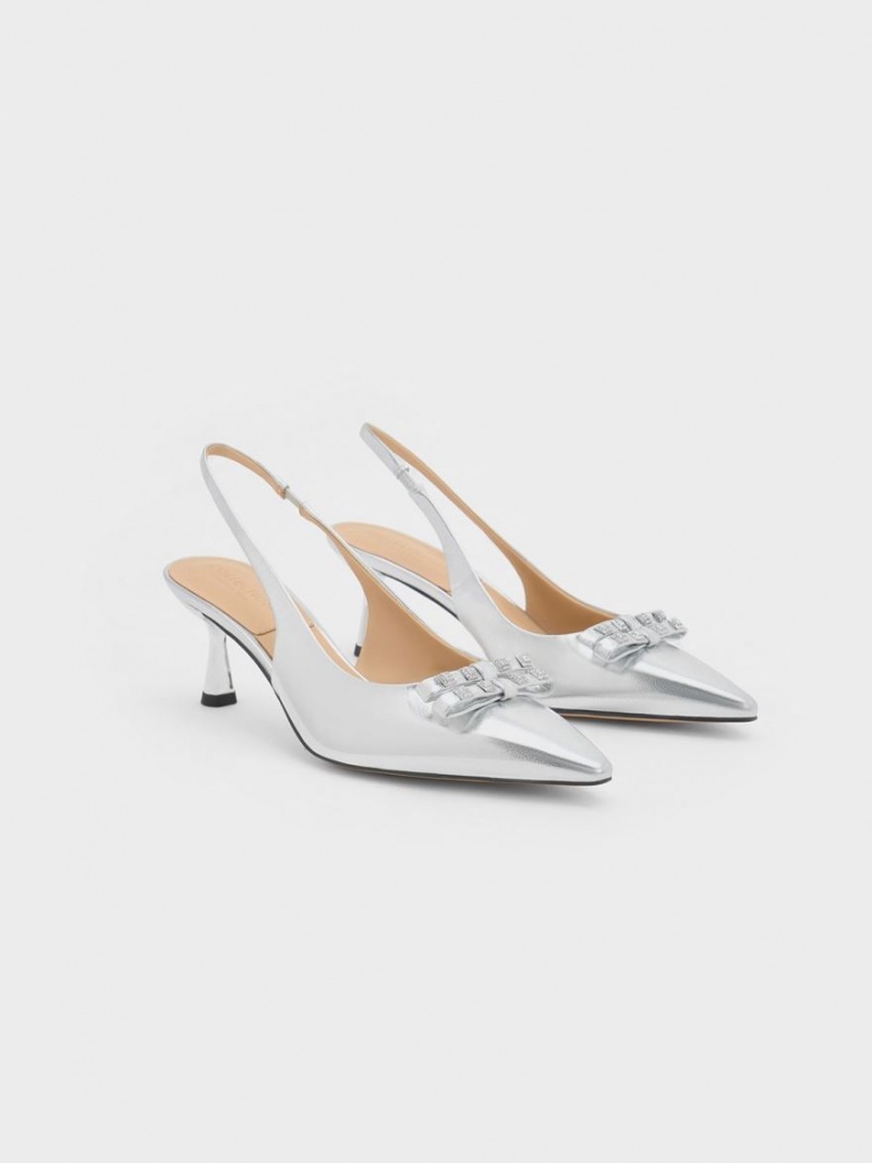 Pumps Charles & Keith Bow Crystal-Embellished Metallic Piele Slingback Argintii | 915ELPSJI