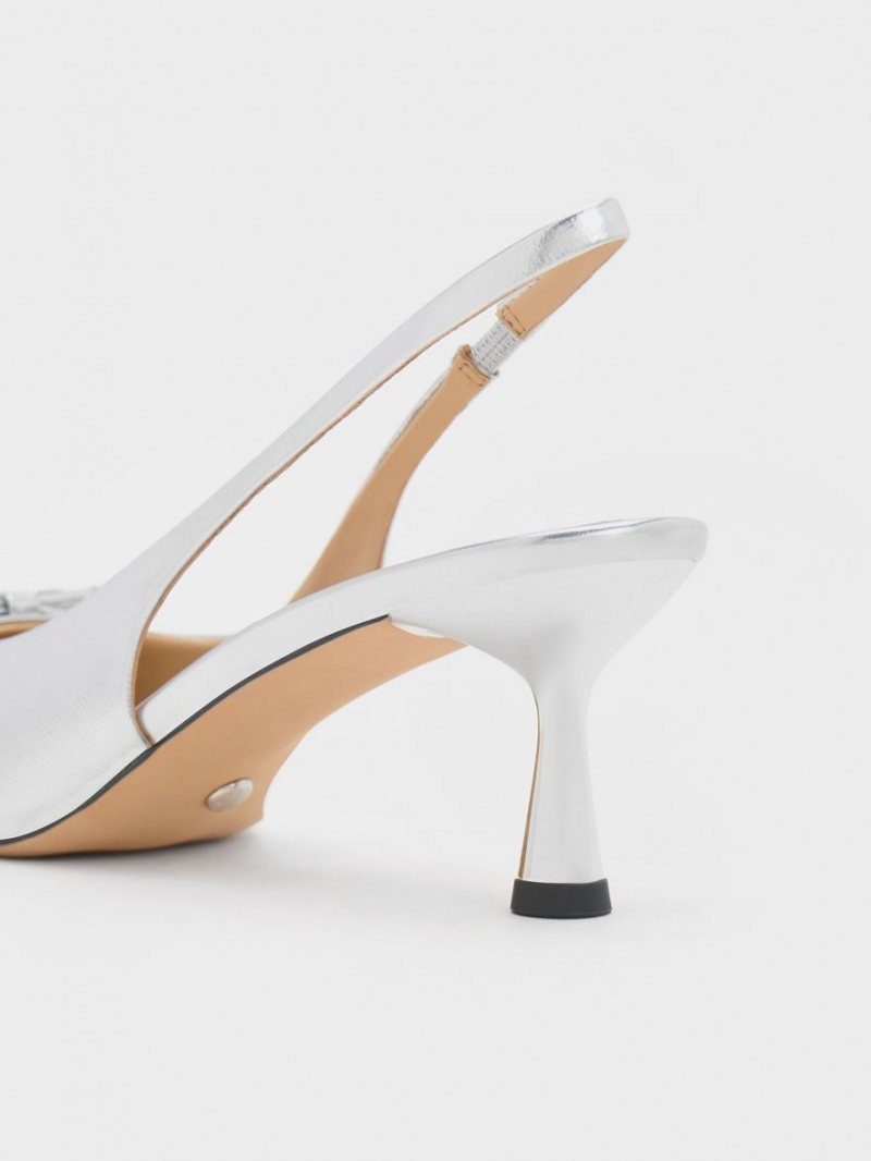Pumps Charles & Keith Bow Crystal-Embellished Metallic Piele Slingback Argintii | 915ELPSJI
