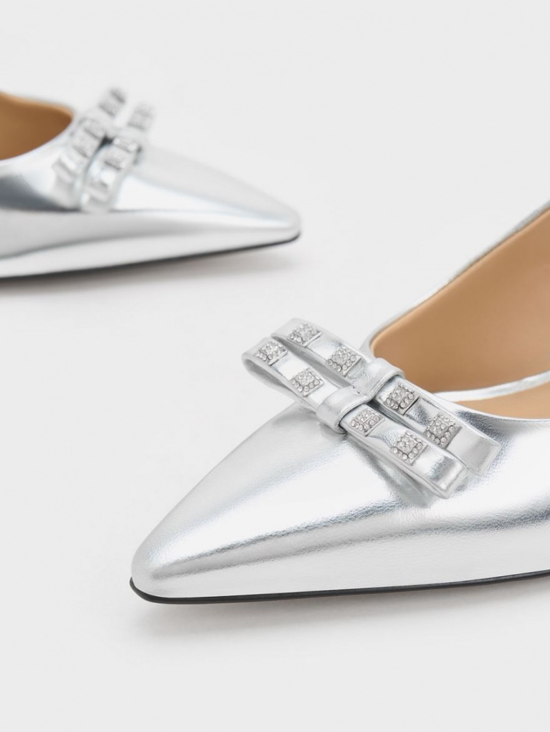 Pumps Charles & Keith Bow Crystal-Embellished Metallic Piele Slingback Argintii | 915ELPSJI