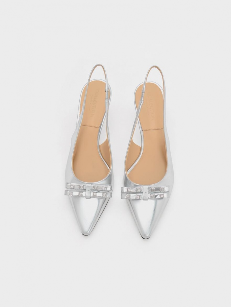 Pumps Charles & Keith Bow Crystal-Embellished Metallic Piele Slingback Argintii | 915ELPSJI