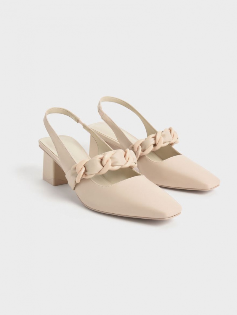 Pumps Charles & Keith Braided Chain-Link Slingback Bej | 964BOXVPS