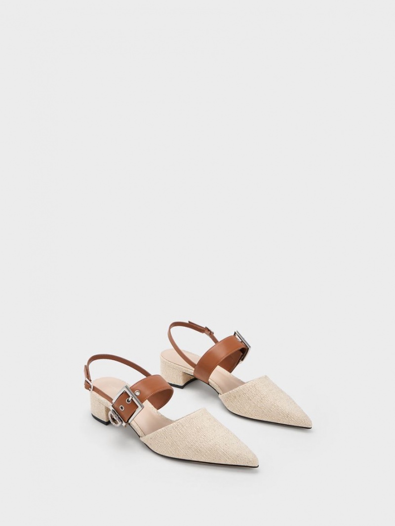 Pumps Charles & Keith Buckled Curea Linen Slingback Bej | 630TXZQLD
