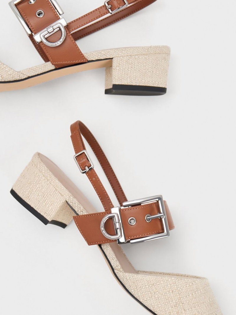 Pumps Charles & Keith Buckled Curea Linen Slingback Bej | 630TXZQLD