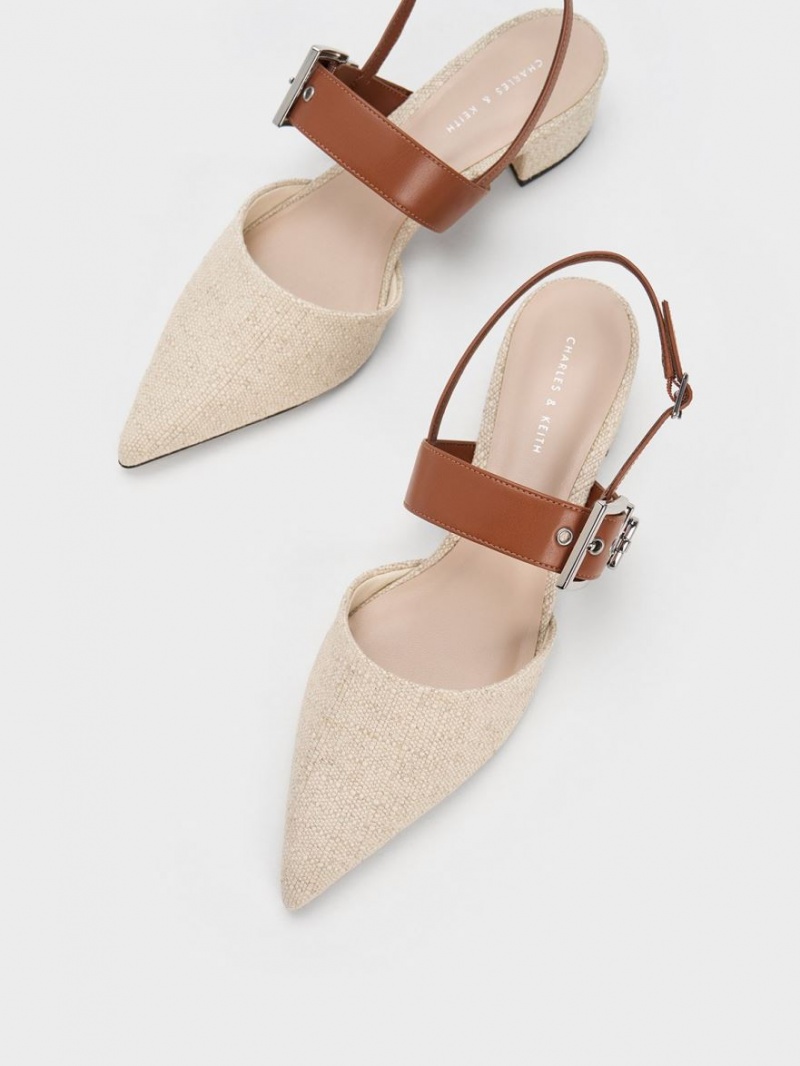 Pumps Charles & Keith Buckled Curea Linen Slingback Bej | 630TXZQLD