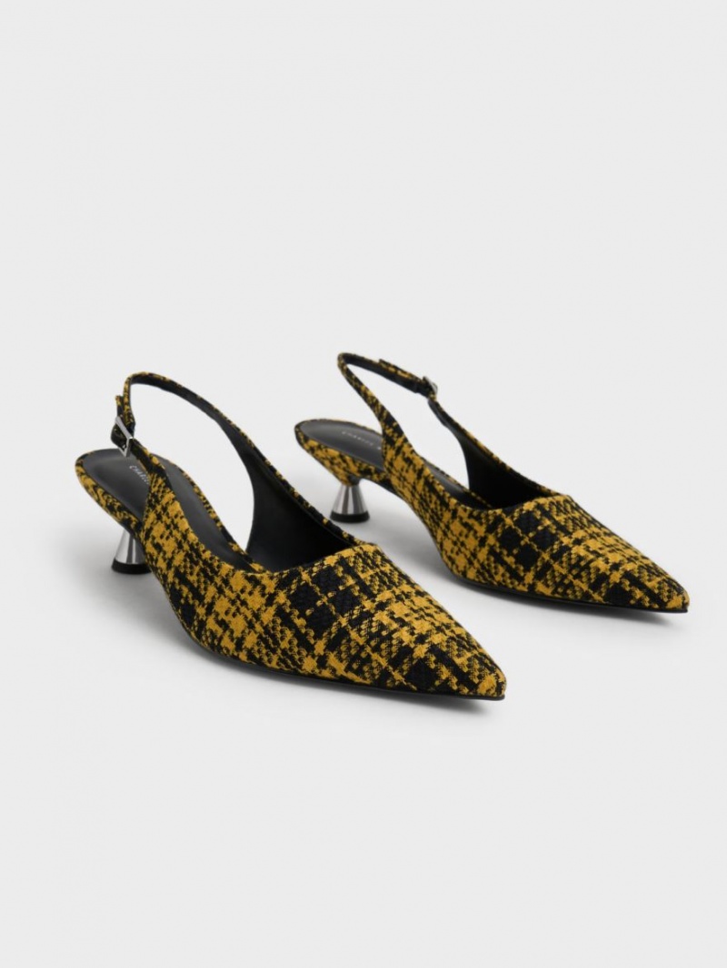 Pumps Charles & Keith Checkered Spool Heel Slingback Galbeni | 210MOUEVC