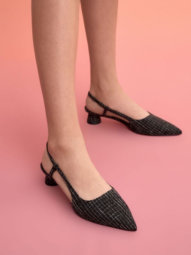 Pumps Charles & Keith Cylindrical Heel Tweed Slingback Negrii | 638HQKTJN