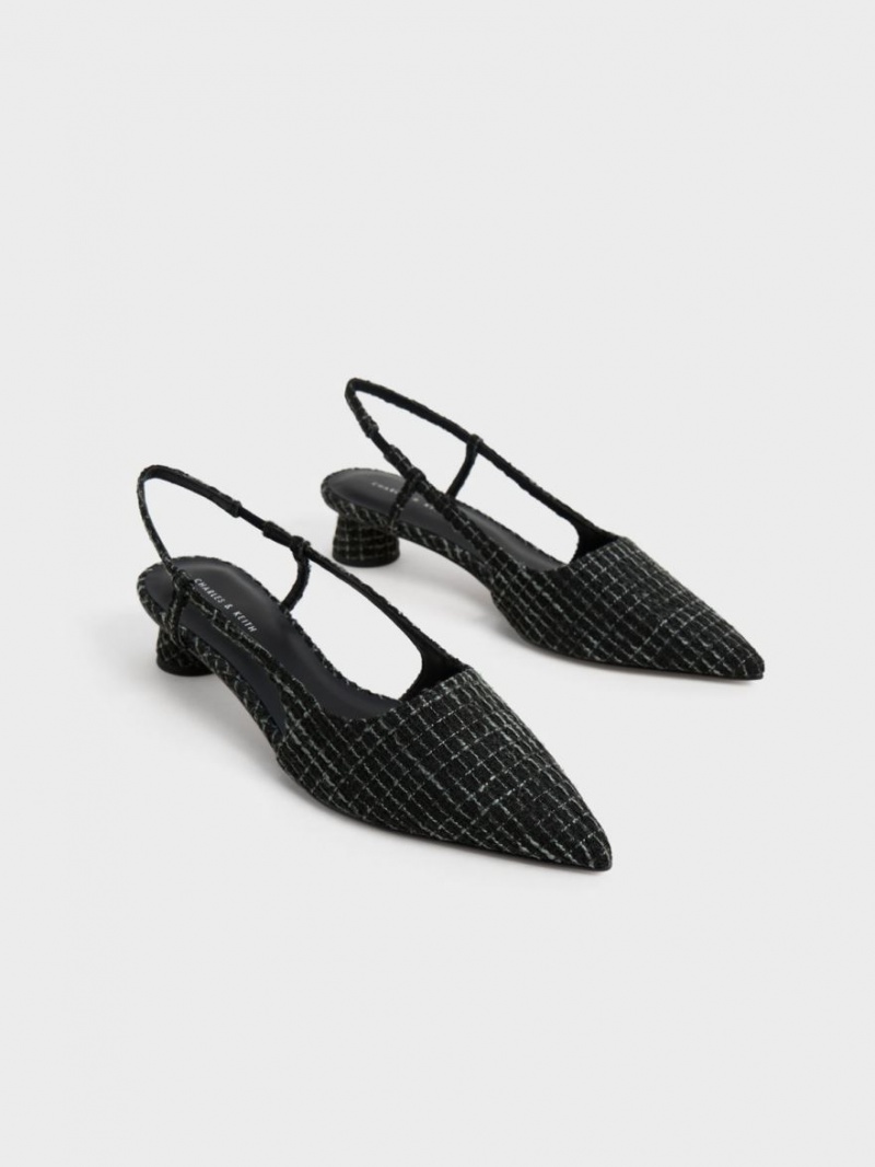 Pumps Charles & Keith Cylindrical Heel Tweed Slingback Negrii | 638HQKTJN