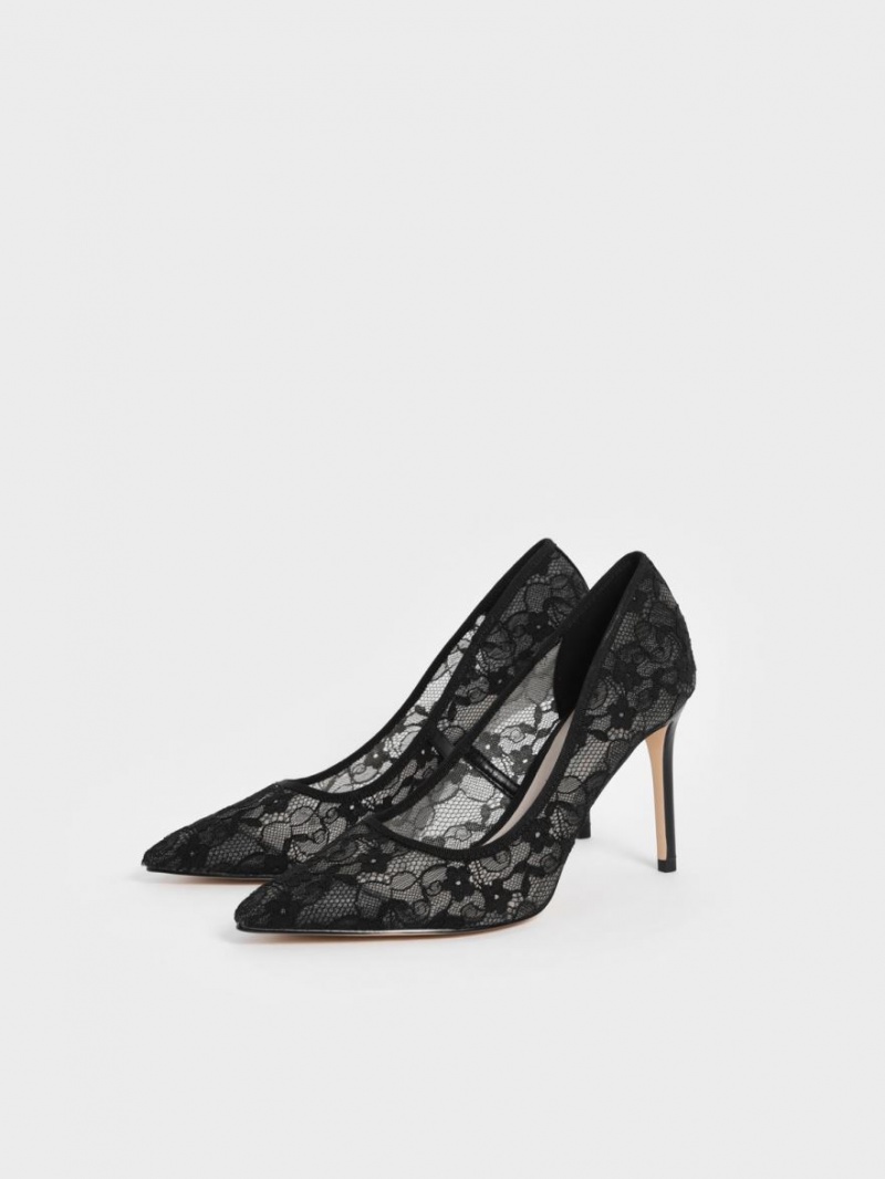 Pumps Charles & Keith Dantela Stiletto Negrii | 719FZCYTK